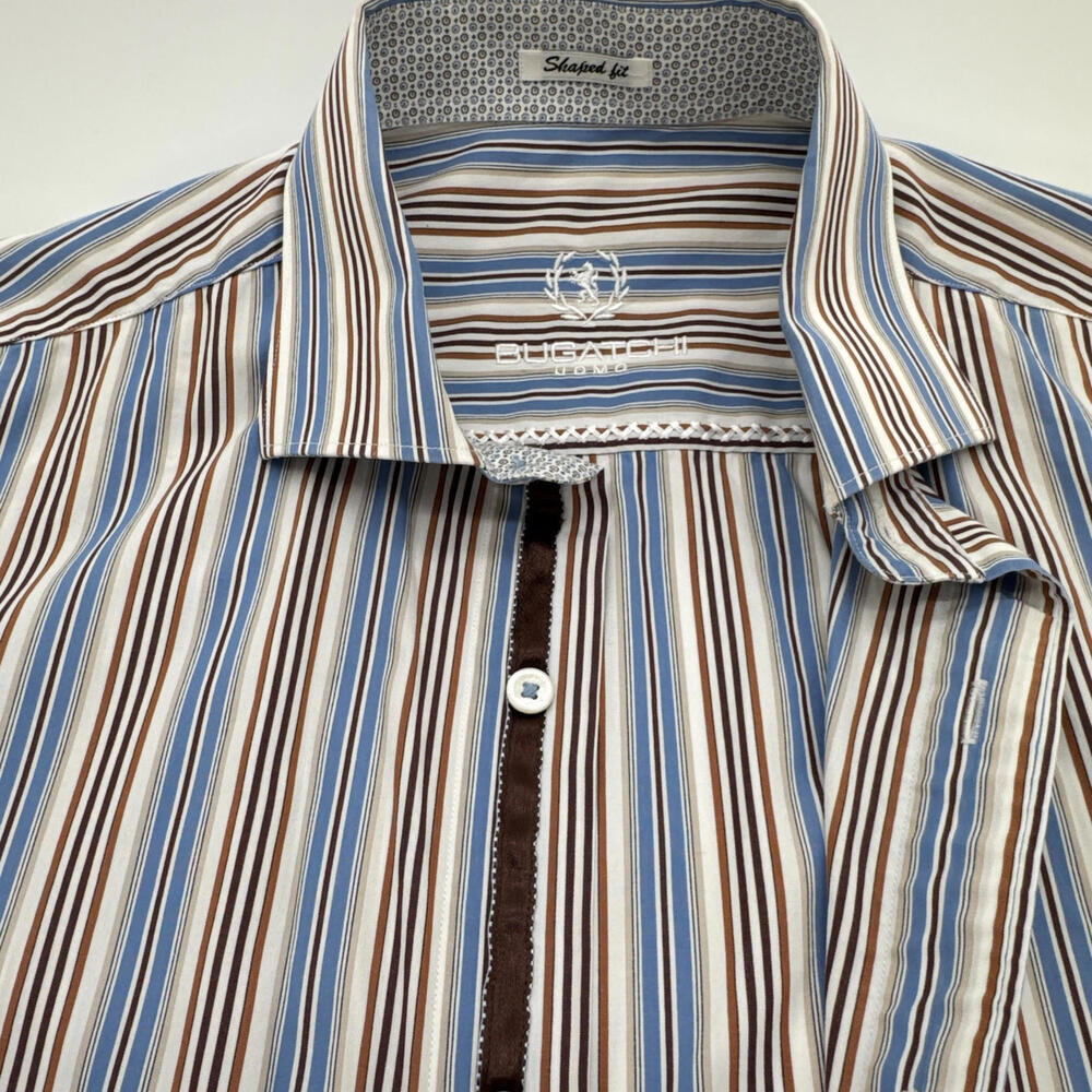 Bugatchi Shaped Fit Men’s Dress Shirt Striped With Accent Fabric Inside Cuffs‎ M